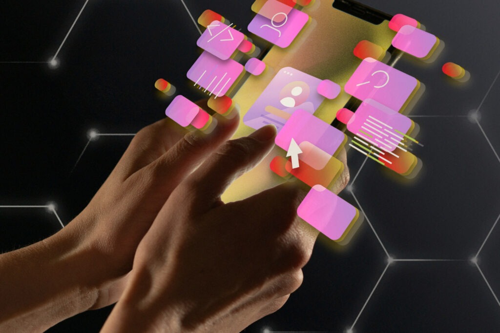 Photo of hands holding phone, with overlayed user interface elements as graphics